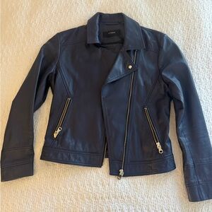 Uterque Navy Leather Jacket with Silver Accents